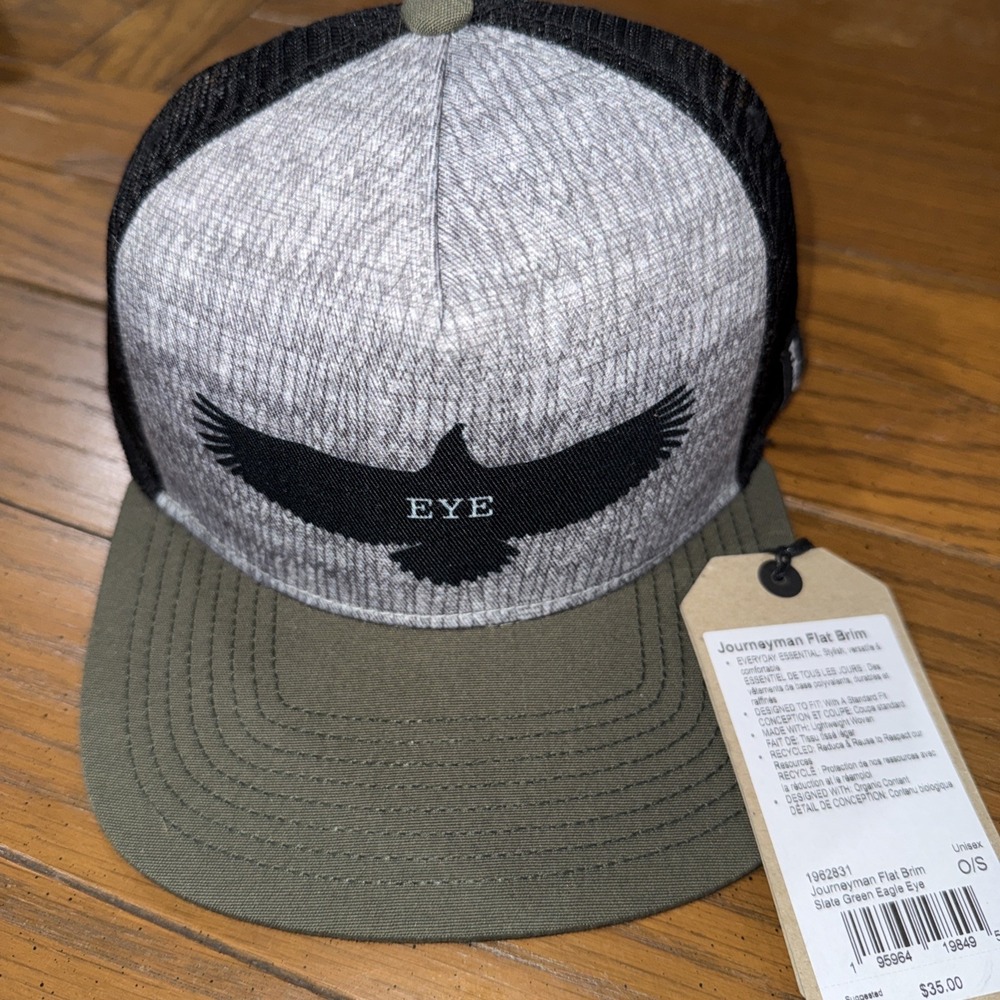 Prana Journeyman Flat Brim Hat Slate Green Eagle Eye‎ Organic Adjustable NWT
